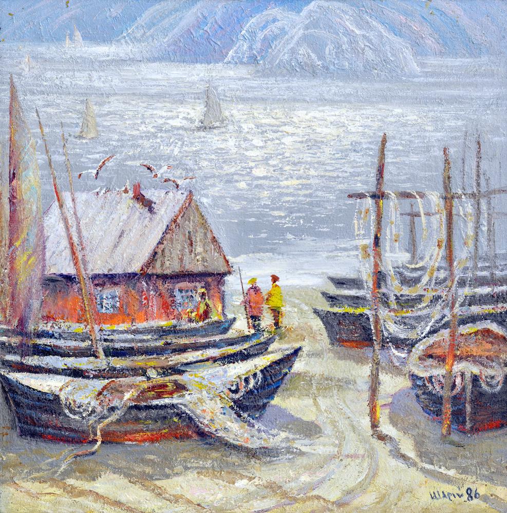 Oil painting by Shary Anatoly Ivanovich: rustic house by fishing boats in snow