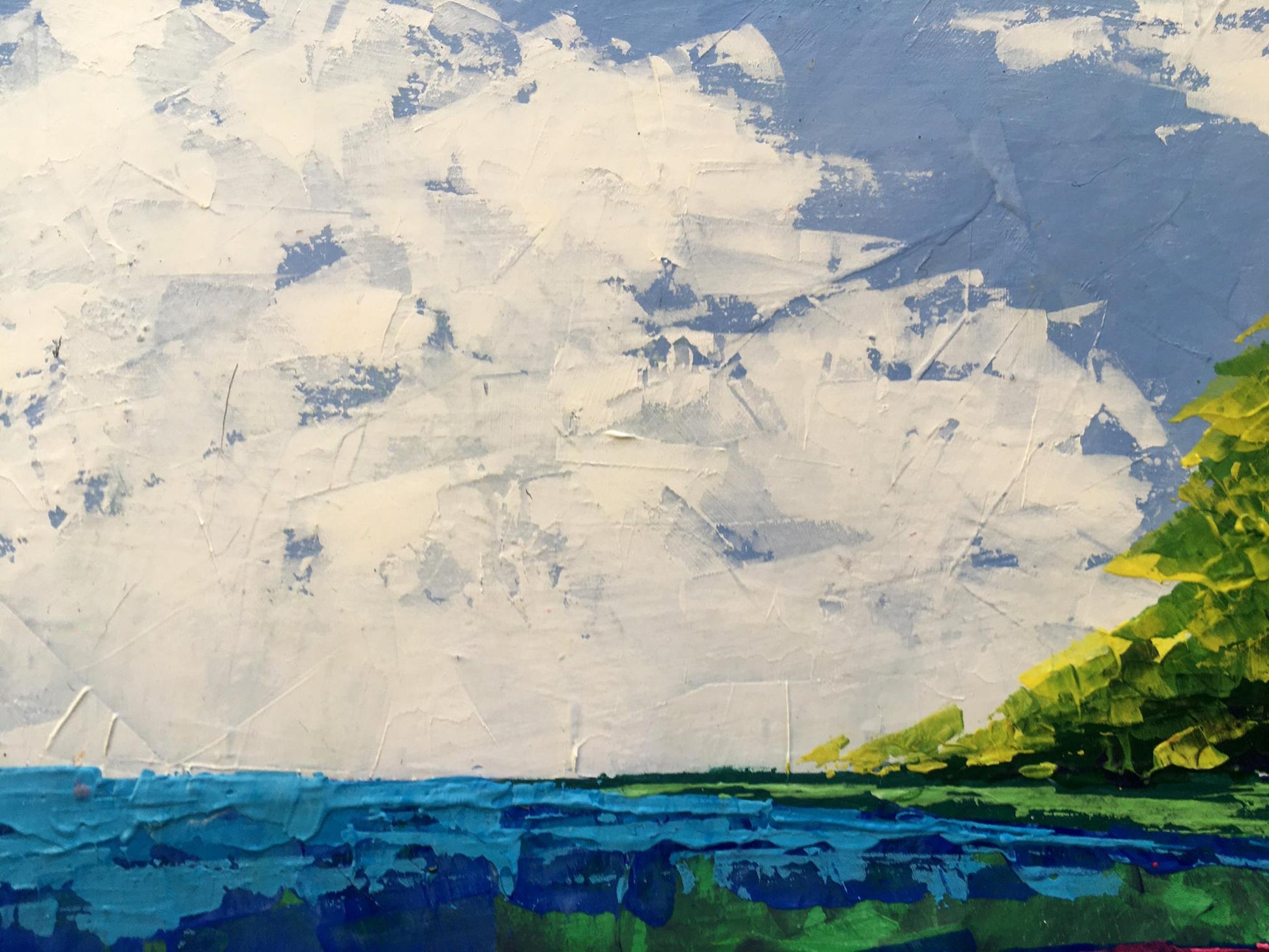 Oil painting Twilight Forestscape V. Zadorozhnya with textured sky and green shoreline