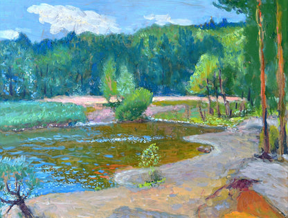 Vibrant impressionist oil painting by Grouse Maksimenko Mykola Antonovich of serene riverbank