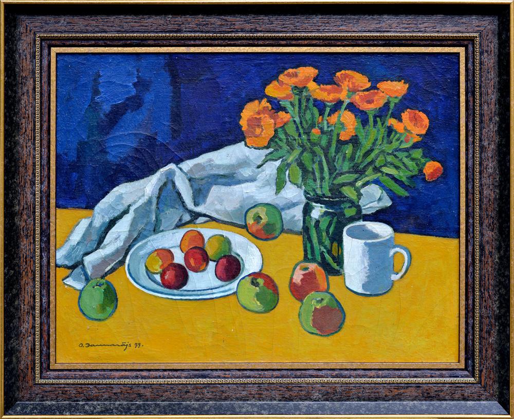 Oil painting Still Life with Flowers by Olgert Jaunarais: orange marigolds
