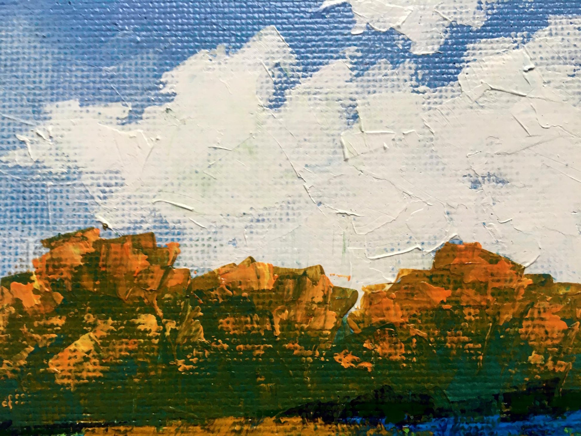 Oil painting Autumn morning V. Zadorozhnya: orange green rocky landscape under blue sky