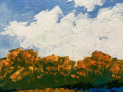 Oil painting Autumn morning V. Zadorozhnya: orange green rocky landscape under blue sky