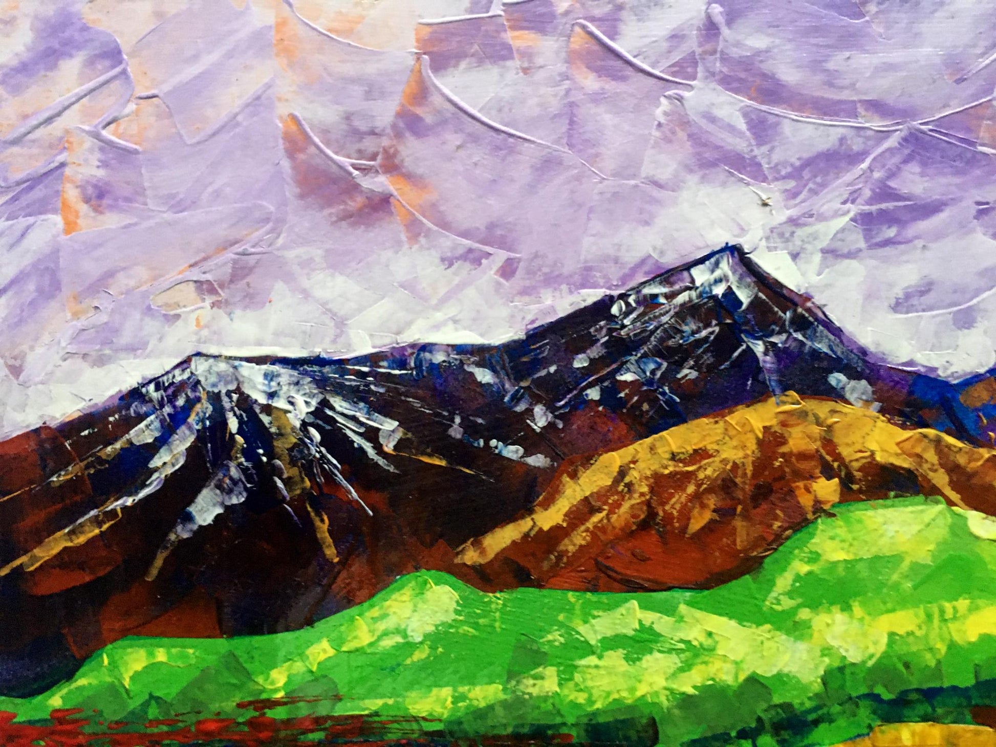 Oil painting Colorful mountains V. Zadorozhnya vibrant textured landscape
