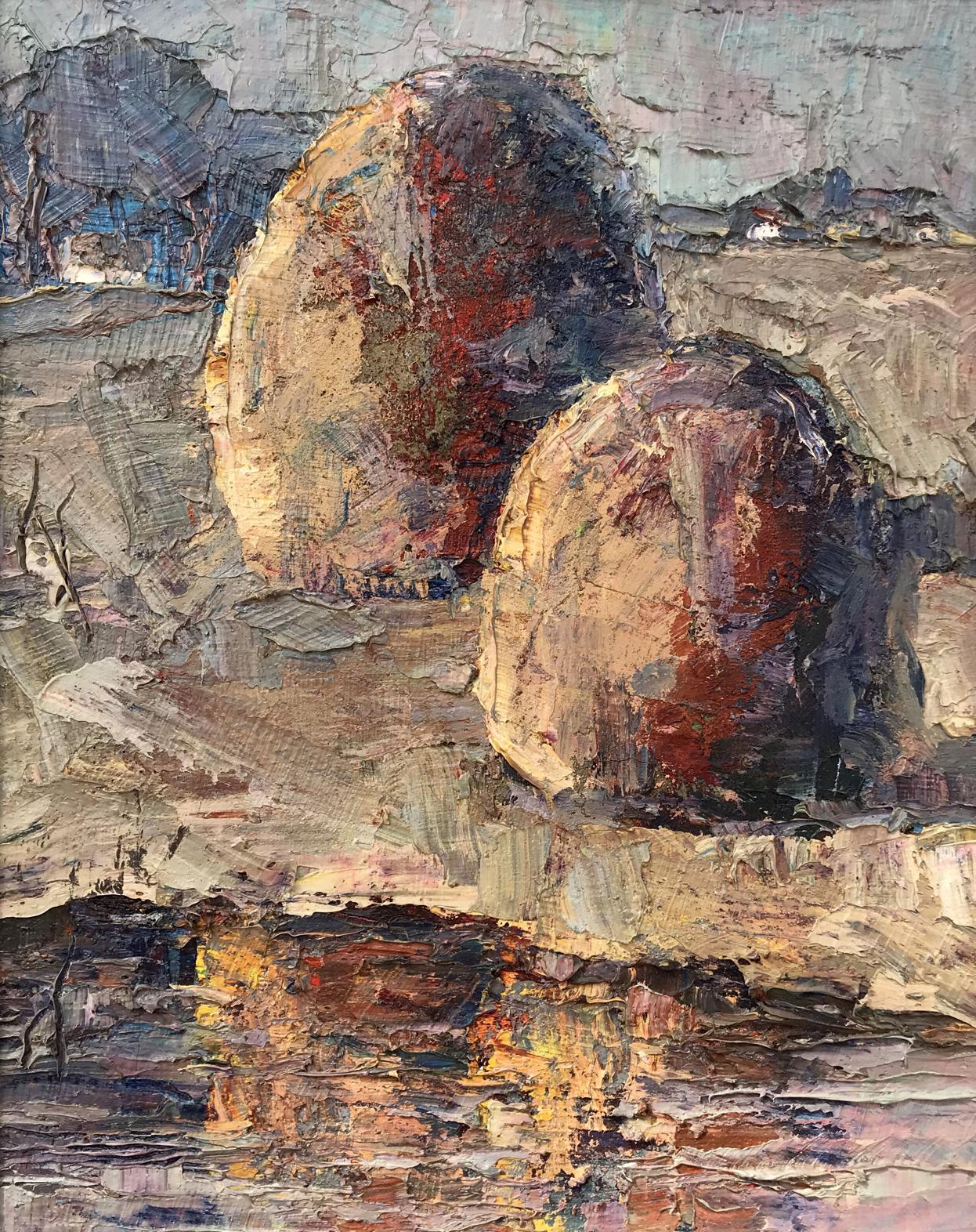 Oil painting August morning Mazur Vladimir: textured earth-toned rocks in landscape