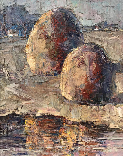 Oil painting August morning Mazur Vladimir: textured earth-toned rocks in landscape