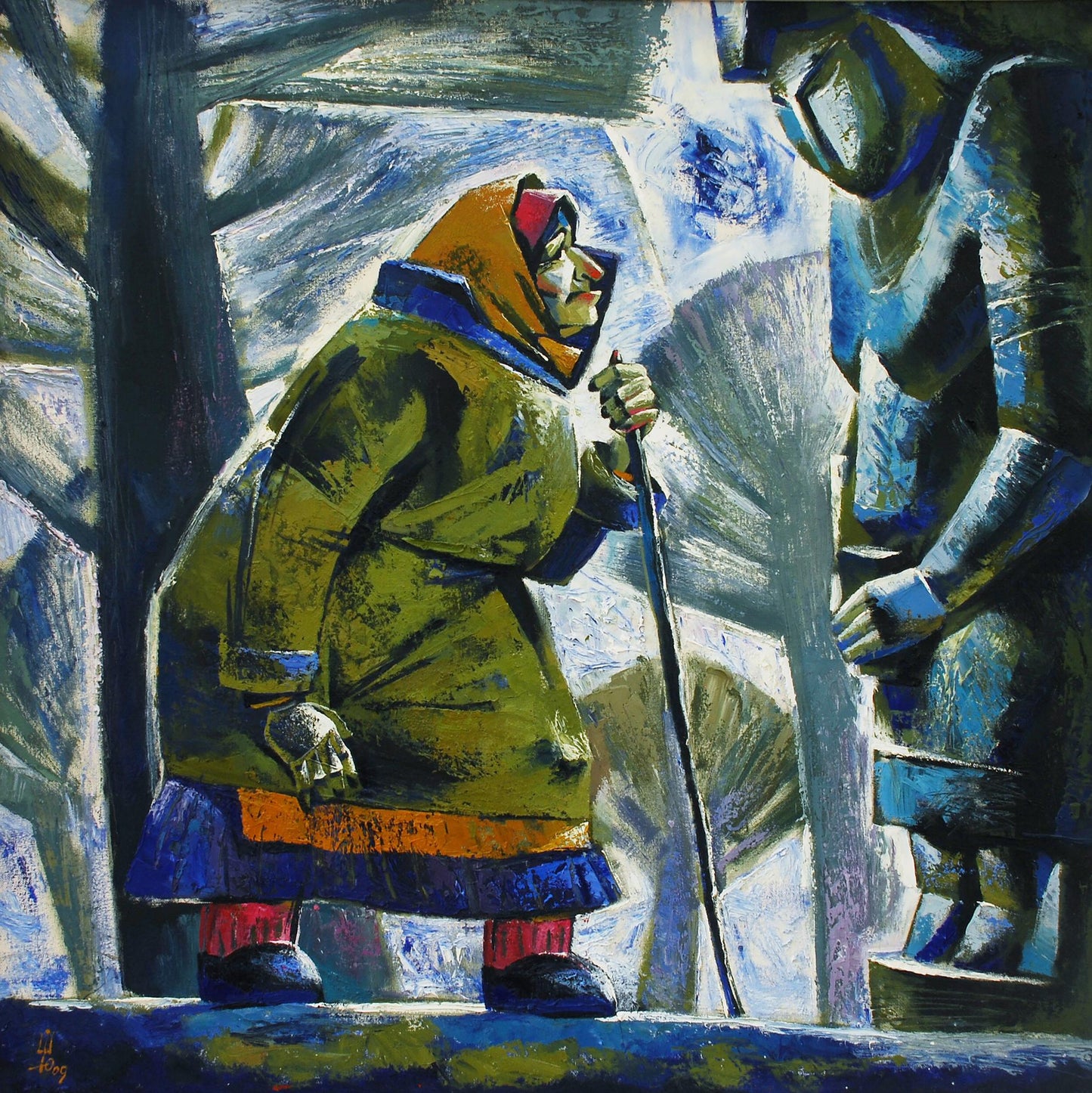 Abstract oil painting White Day by Egor Shvachunov: figure in green coat with orange hood