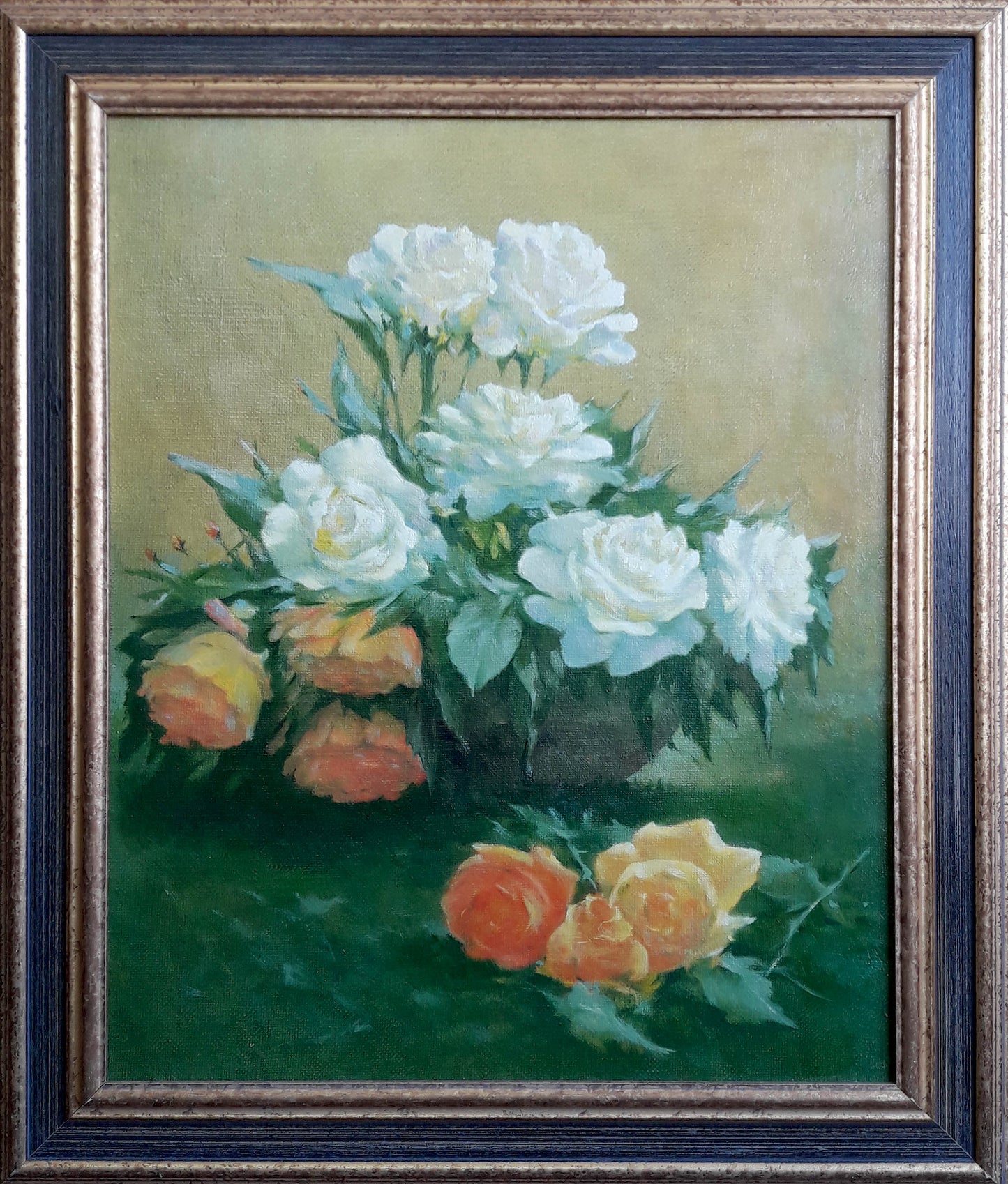 Oil painting of white and peach roses in vase by Vasily Korkishko