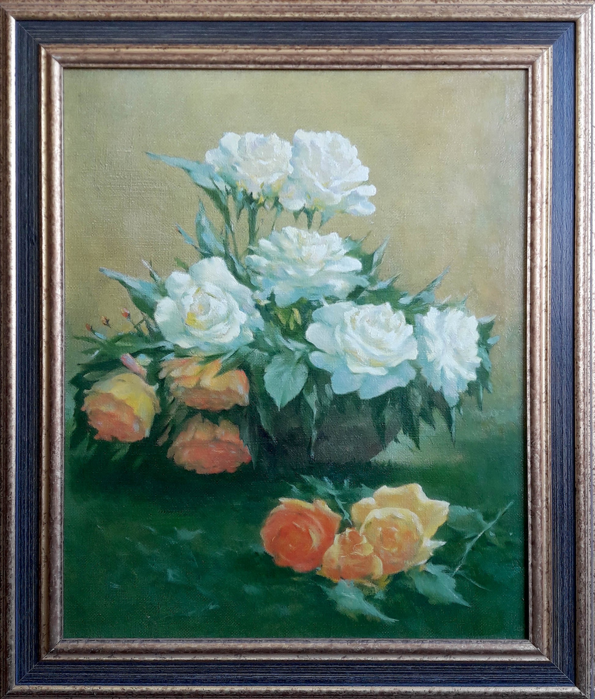 Oil painting of white and peach roses in vase by Vasily Korkishko