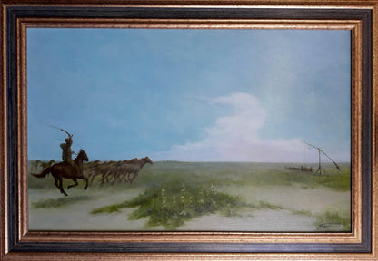 Framed oil painting by Korkishko Vasily: rider chasing herd to watering hole