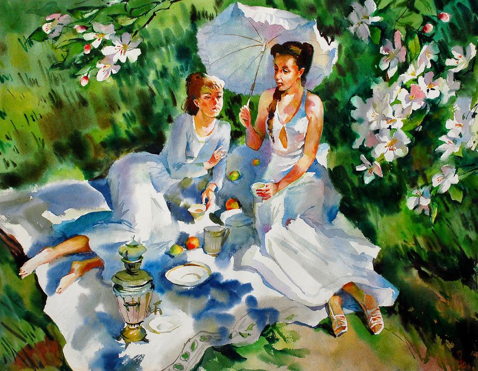 Watercolor painting of silver samovar on picnic blanket by Egor Shvachunov