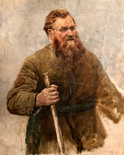 Rustic oil painting portrait of bearded man Leonid Mikhailovich Stil