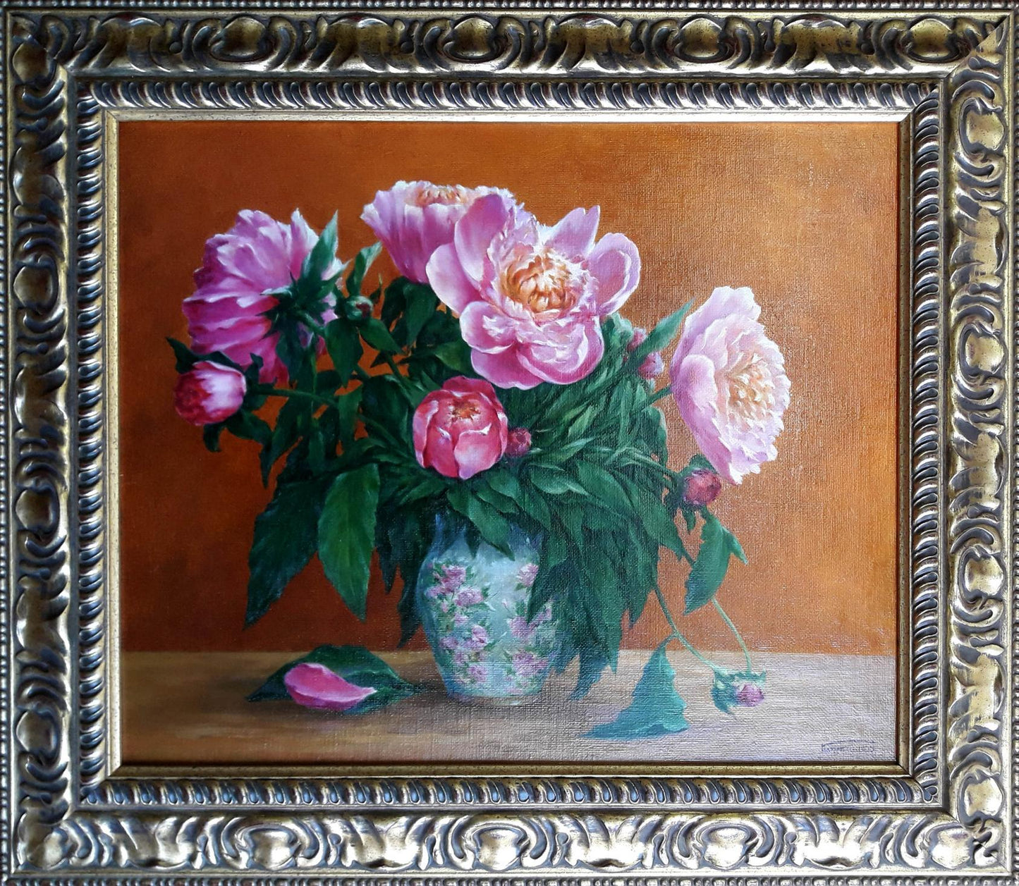 Oil painting of pink peonies in blue vase by Korkishko Vasily, ornate silver frame