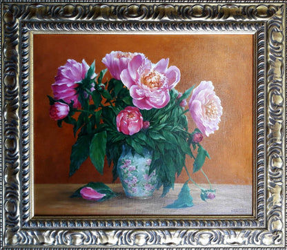 Oil painting of pink peonies in blue vase by Korkishko Vasily, ornate silver frame