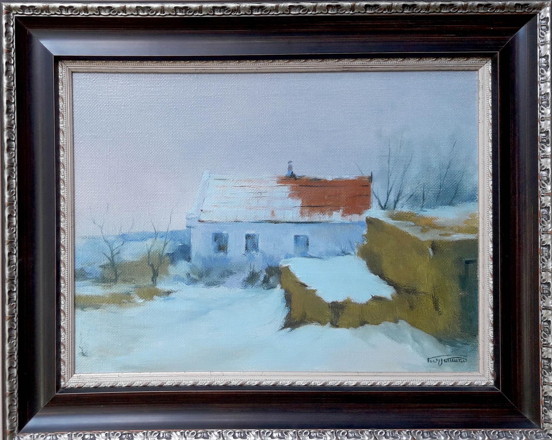 Framed oil painting by Vasily Korkishko of snowy house with orange roof