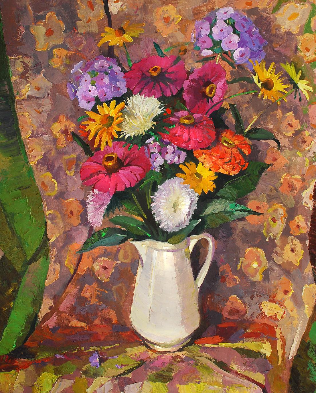Oil painting of vibrant mixed flowers in white ceramic vase by Egor Shvachunov