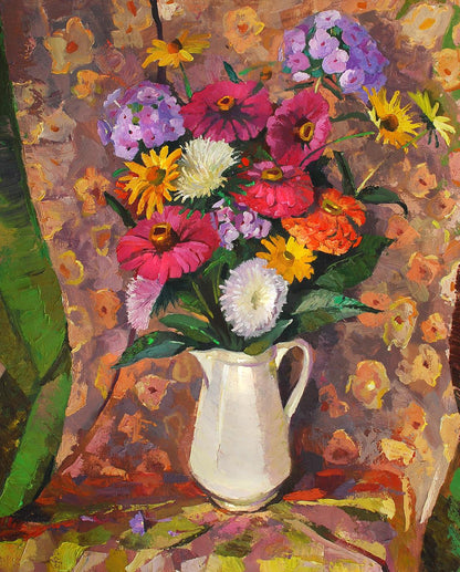 Oil painting of vibrant mixed flowers in white ceramic vase by Egor Shvachunov
