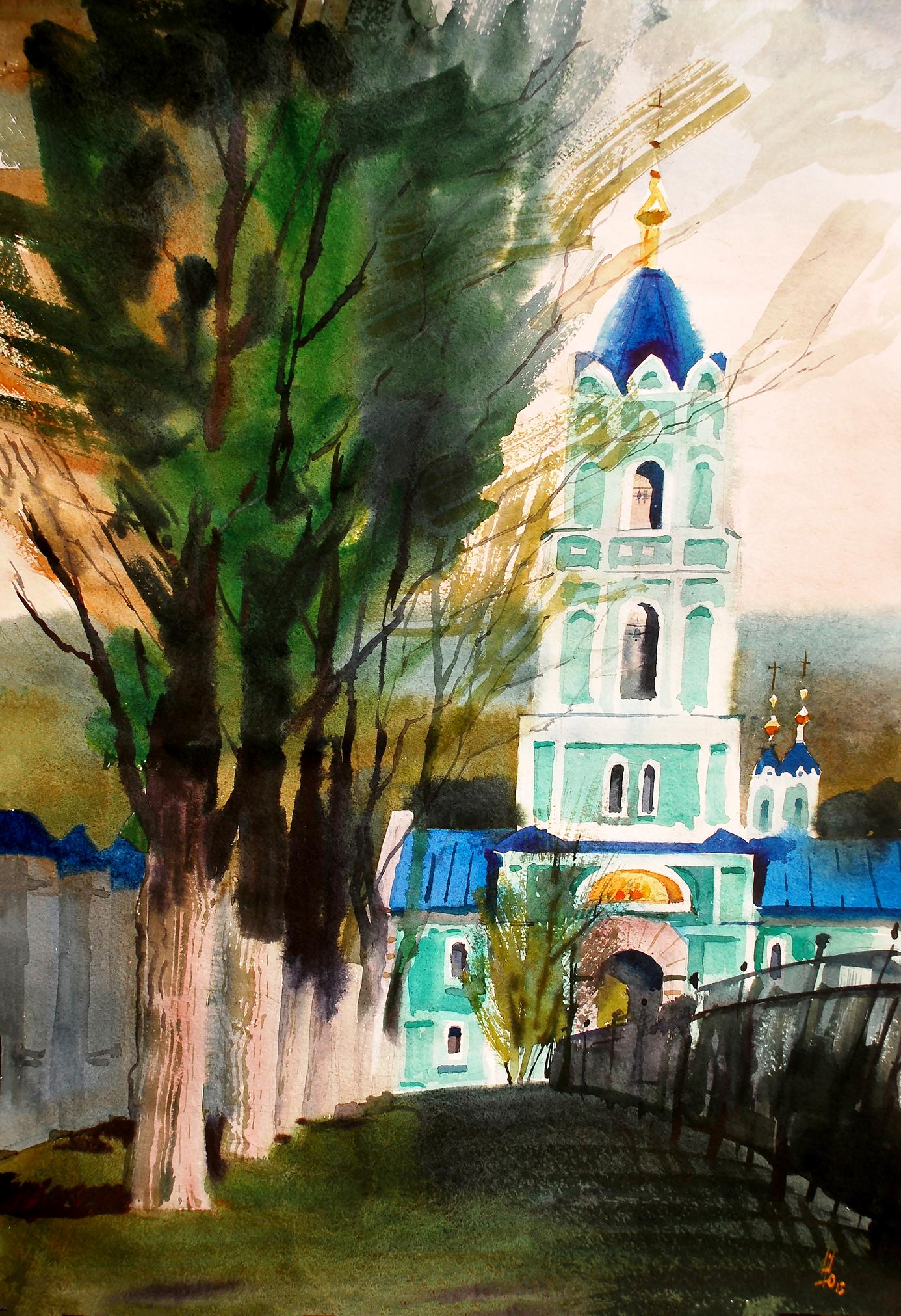Watercolor painting of light green blue church with golden domes by Egor Shvachunov