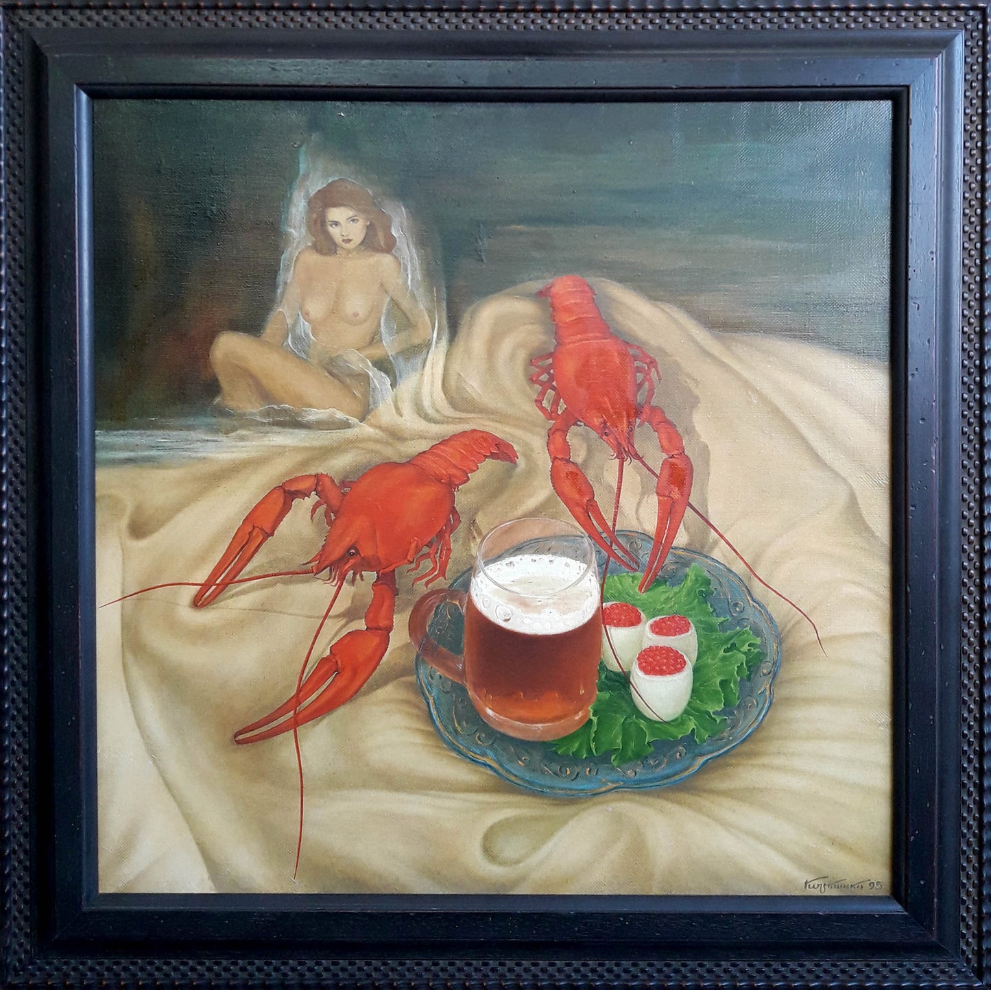Oil painting by Korkishko Vasily: red lobsters, beer, deviled eggs, nude woman
