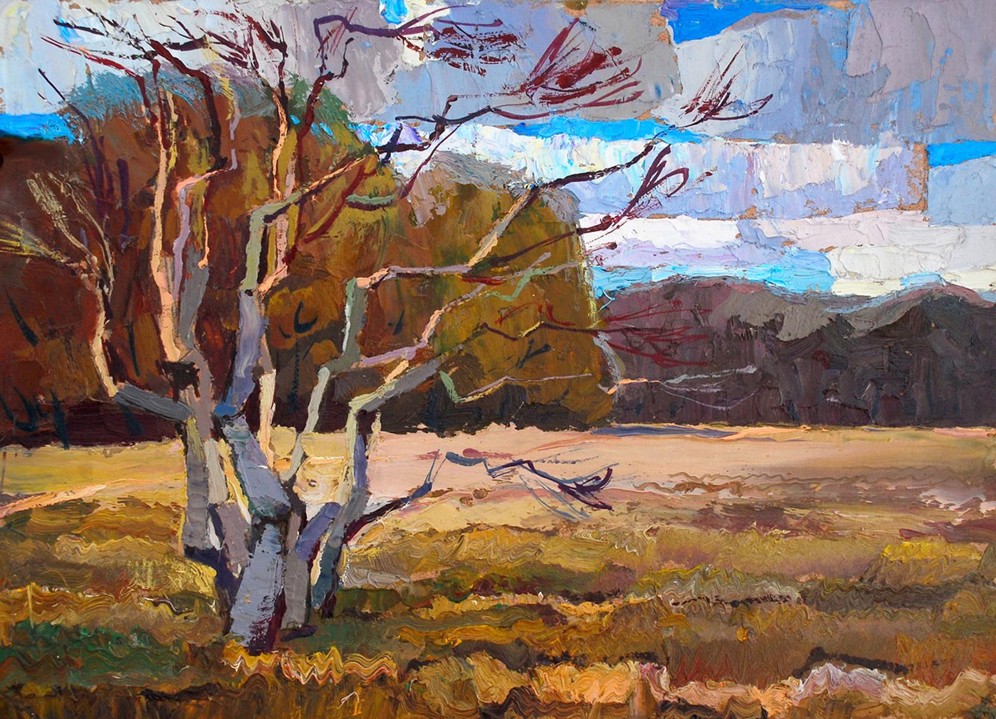 Oil painting Autumn by Egor Shvachunov: textured bare tree in earthy tones