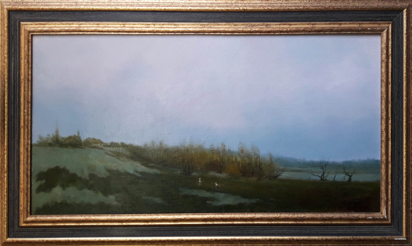 Framed oil painting The storks have arrived by Korkishko Vasily, rolling hills scene