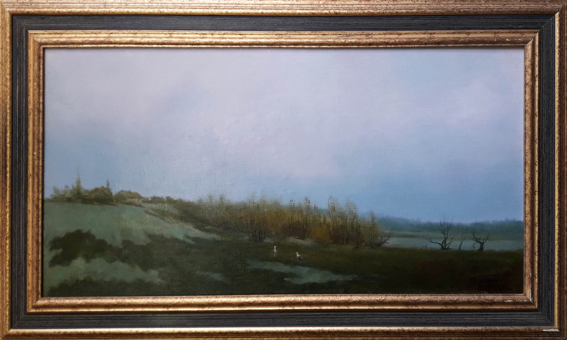 Framed oil painting The storks have arrived by Korkishko Vasily, rolling hills scene
