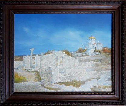 Framed Oil painting Chersonesos Korkishko Vasily: ancient ruins, white church with golden dome