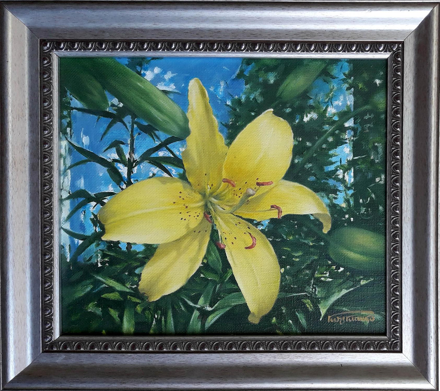 Vibrant yellow day-lily oil painting by Vasily Korkishko in silver frame