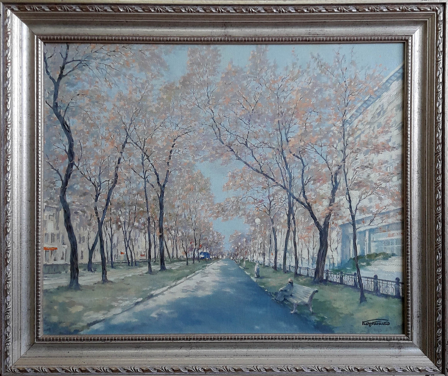 Silver ornate frame with Yavornytsky Avenue oil painting by Korkishko Vasily