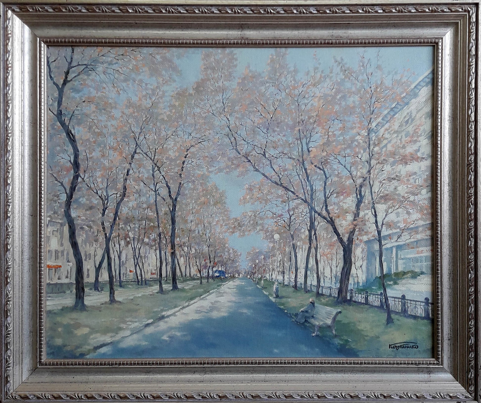 Silver ornate frame with Yavornytsky Avenue oil painting by Korkishko Vasily