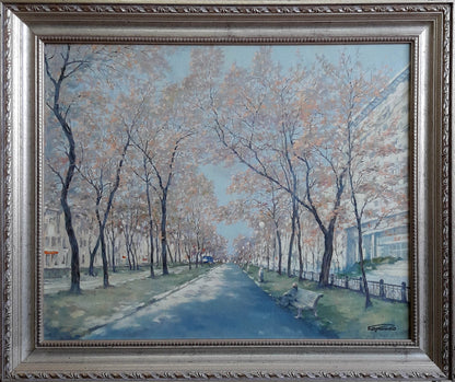 Silver ornate frame with Yavornytsky Avenue oil painting by Korkishko Vasily