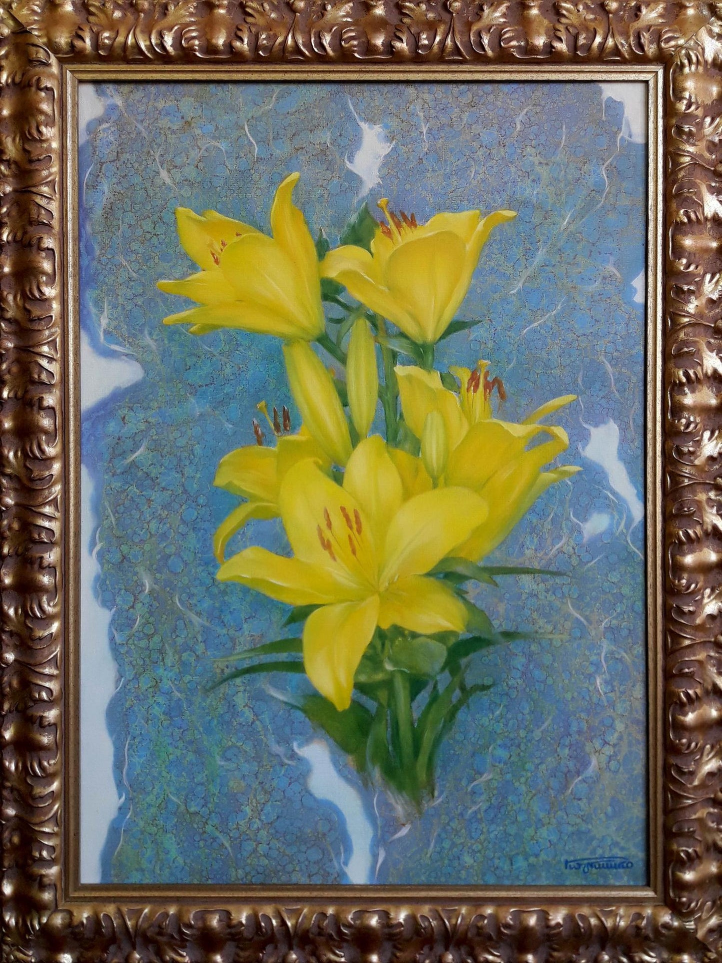 Oil painting of vibrant yellow lily bouquet by Vasily Korkishko in ornate gold frame