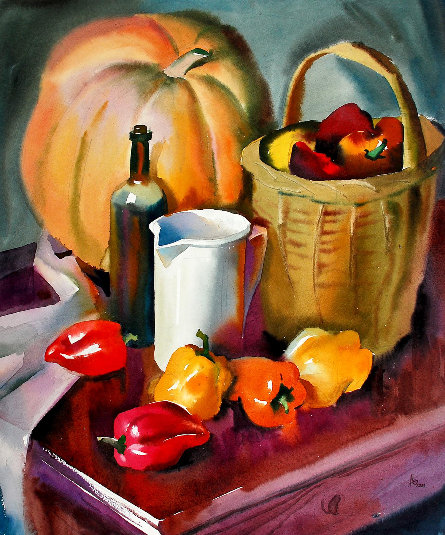 Watercolor still life painting of orange pumpkin with green stem by Egor Shvachunov
