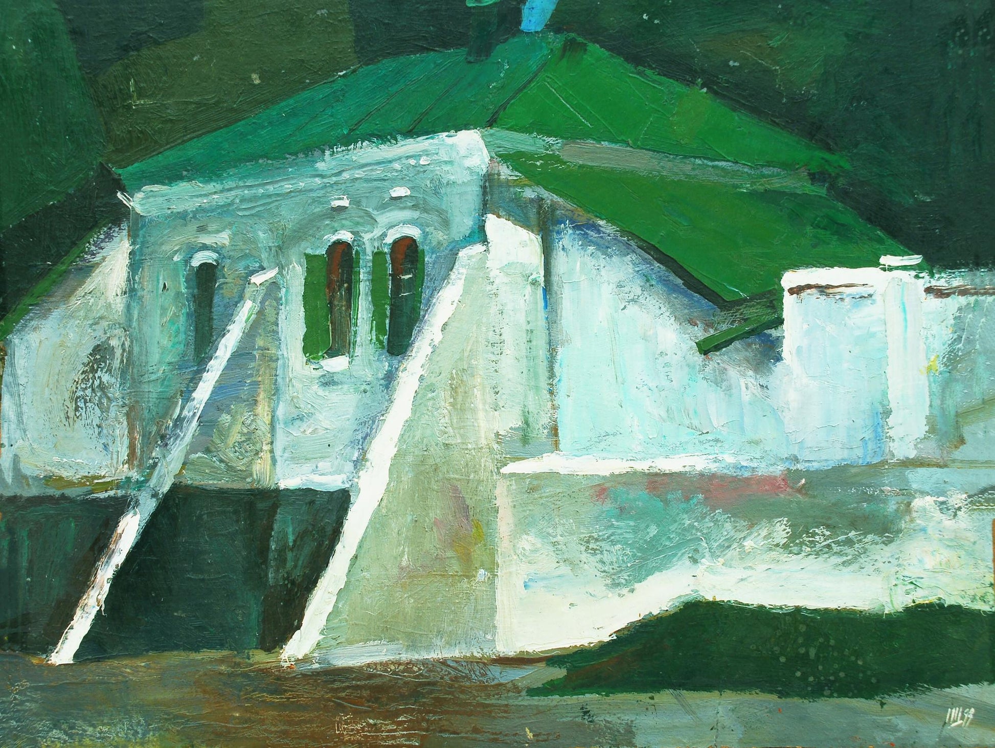 Oil painting of Buttress House by Egor Shvachunov, textured white building with green roof
