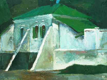 Oil painting of Buttress House by Egor Shvachunov, textured white building with green roof