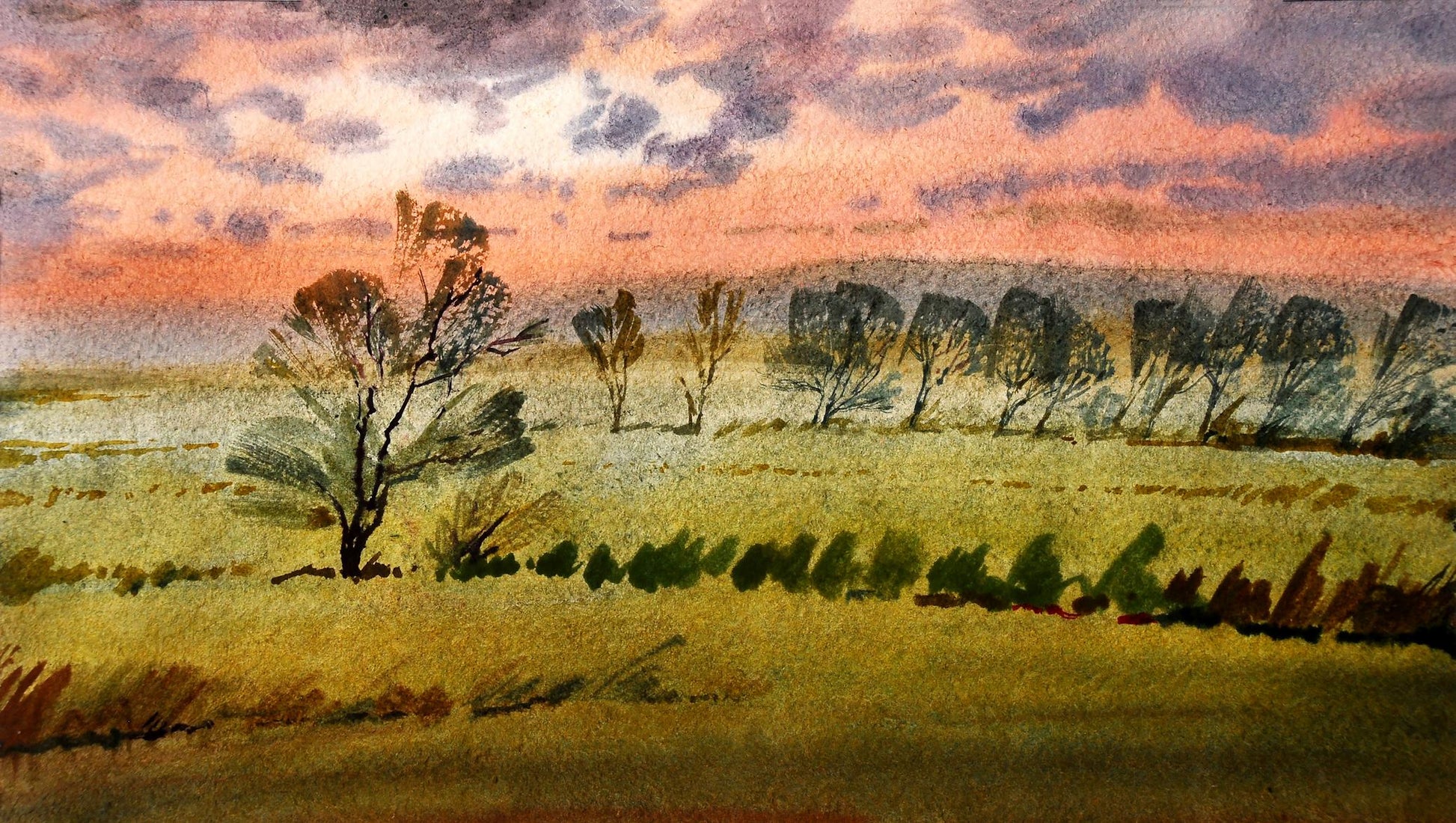Watercolor painting By the Evening by Egor Shvachunov, serene field sunset