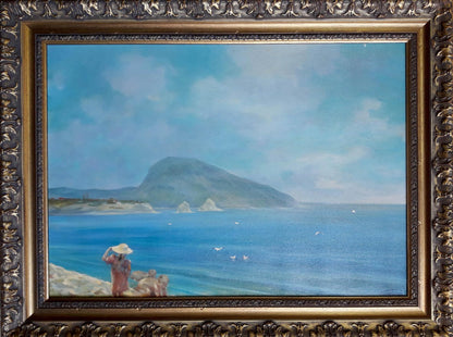 Framed oil painting by Korkishko Vasily: woman in hat on shore with sea hills