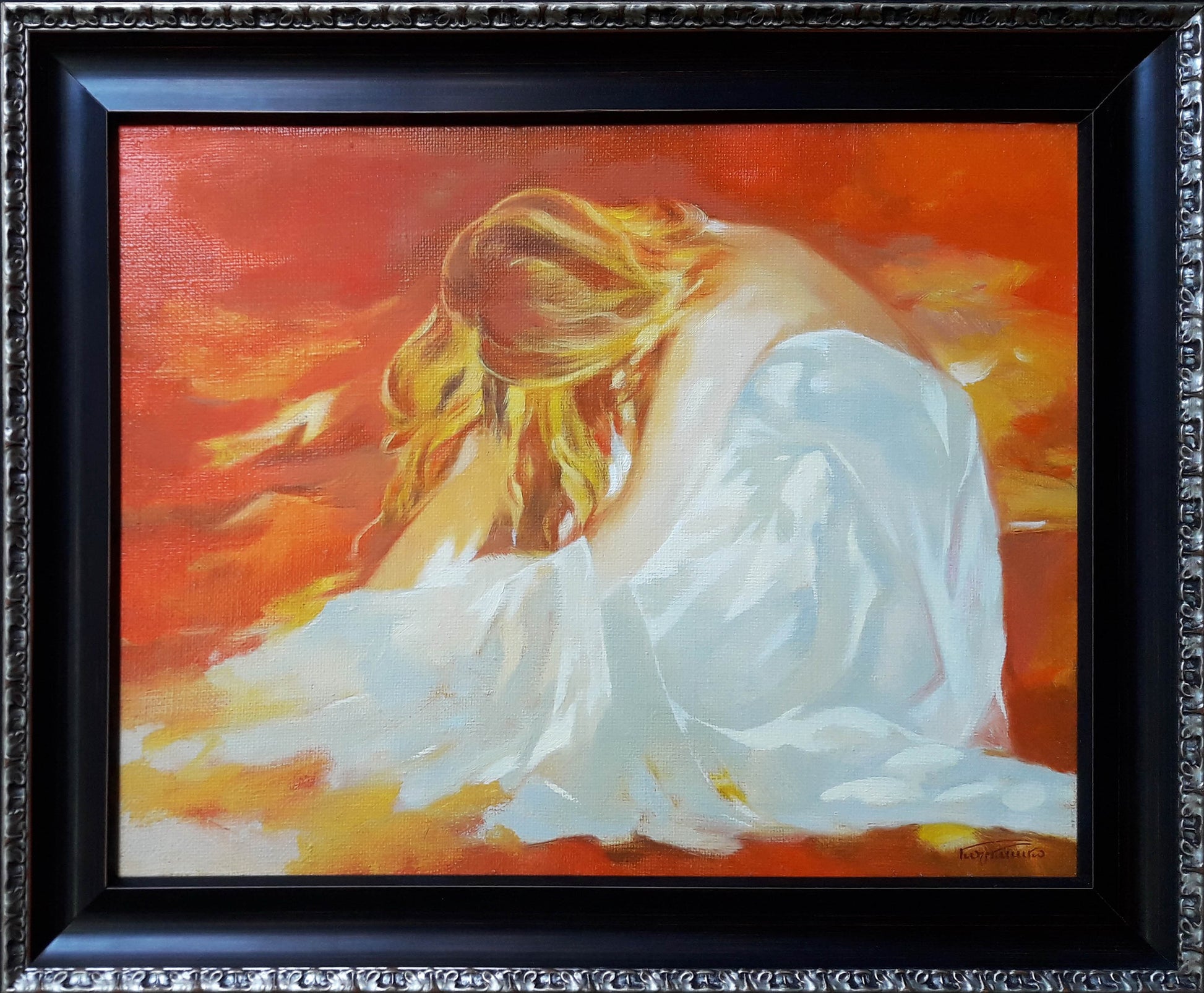 Framed oil painting of girl in towel by Vasily Korkishko