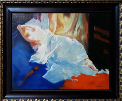 Framed oil painting of sleeping girl by Vasily Korkishko, reclining in white fabric on vibrant blue orange background