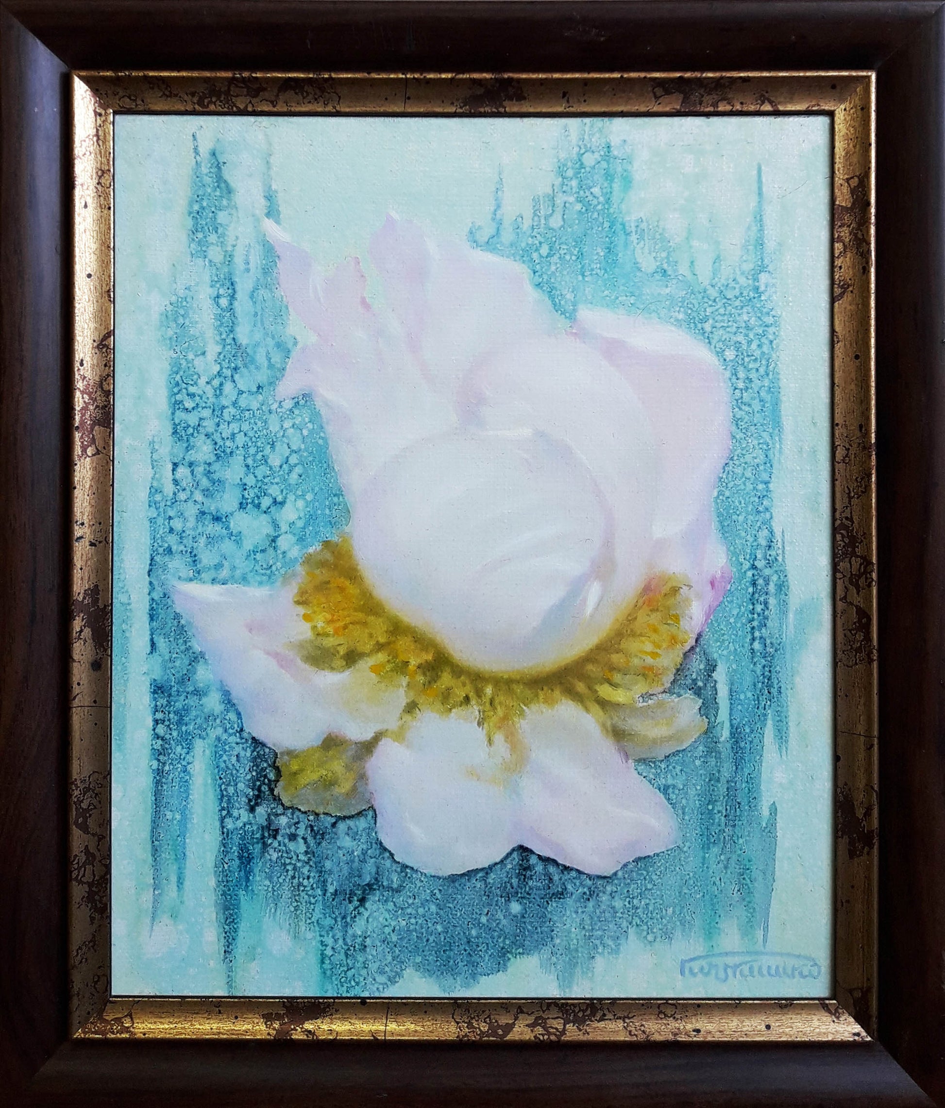 Delicate white peony with golden center oil painting by Vasily Korkishko