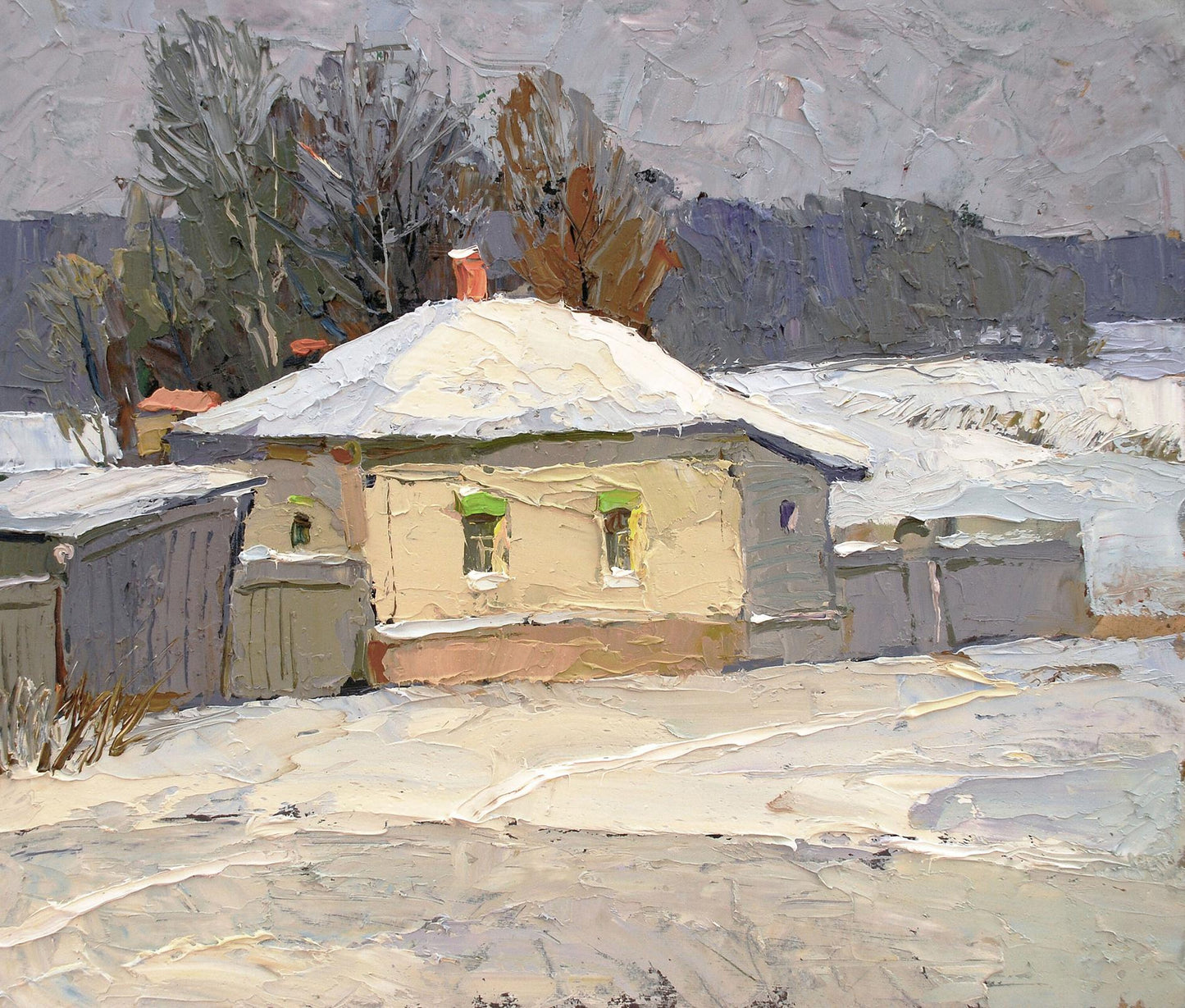 Oil painting by Egor Shvachunov: cozy beige cottage in snowy landscape