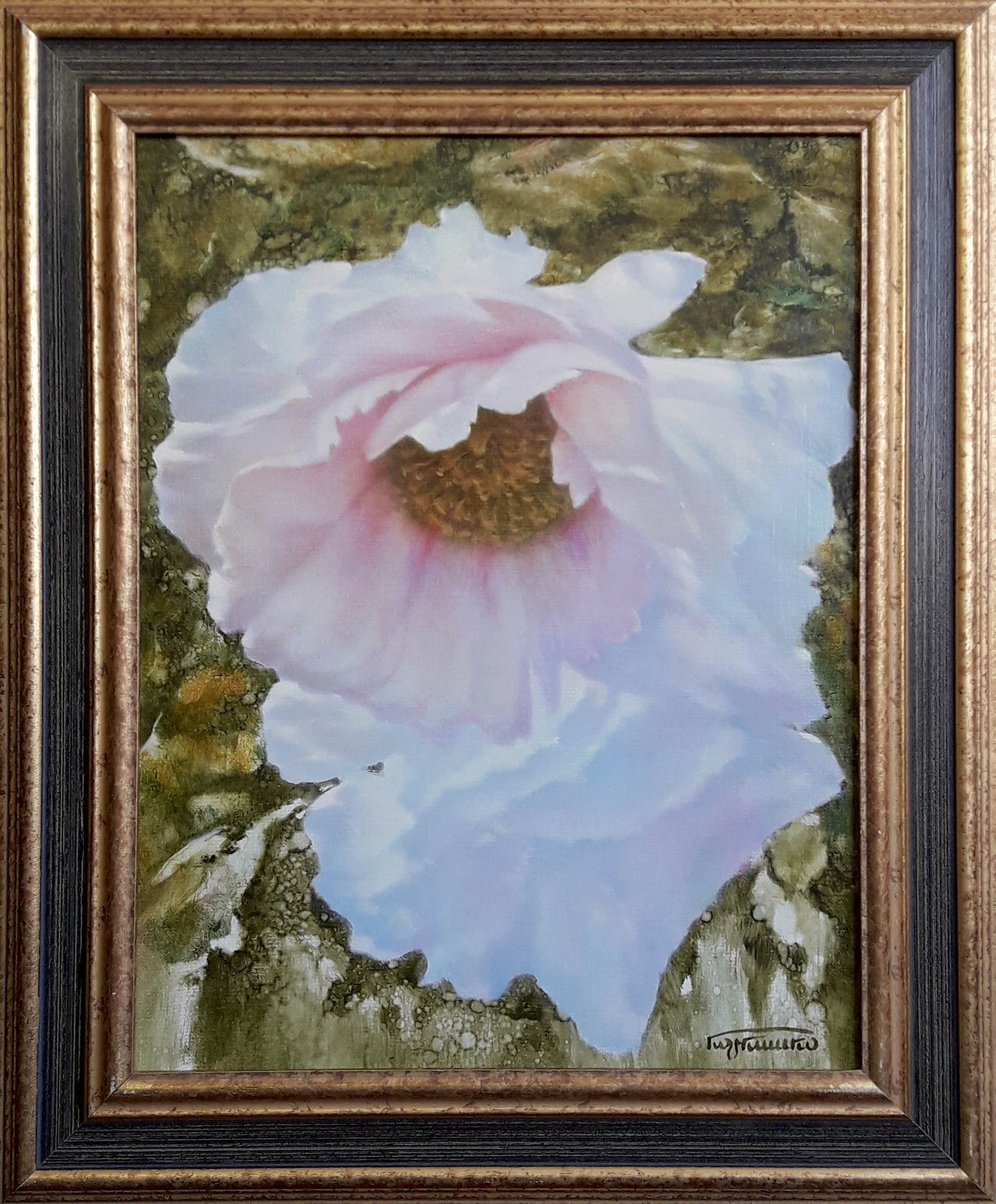 Framed oil painting of delicate pink tree peony by Korkishko Vasily