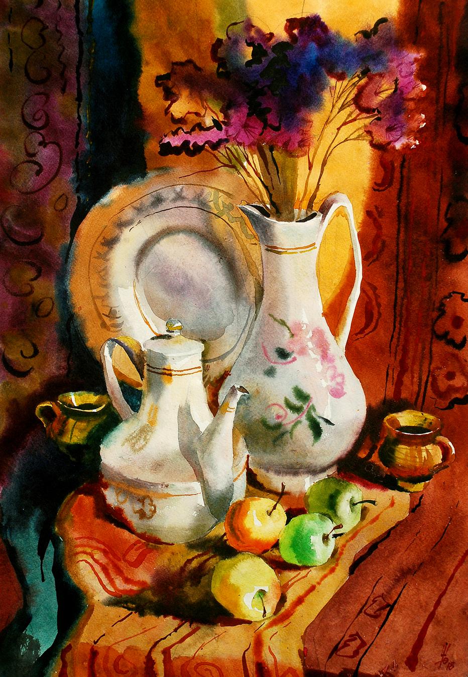 White ceramic pitcher with pink green floral patterns by Egor Shvachunov