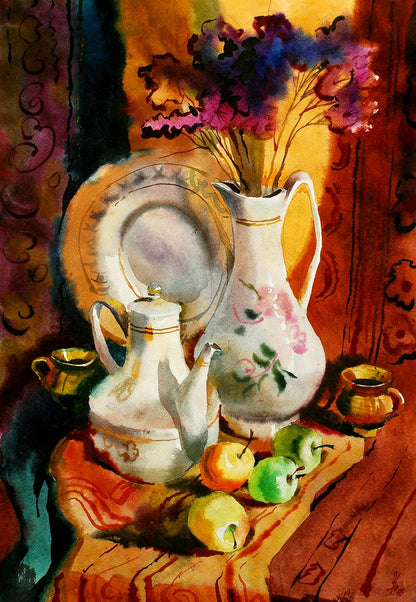 White ceramic pitcher with pink green floral patterns by Egor Shvachunov