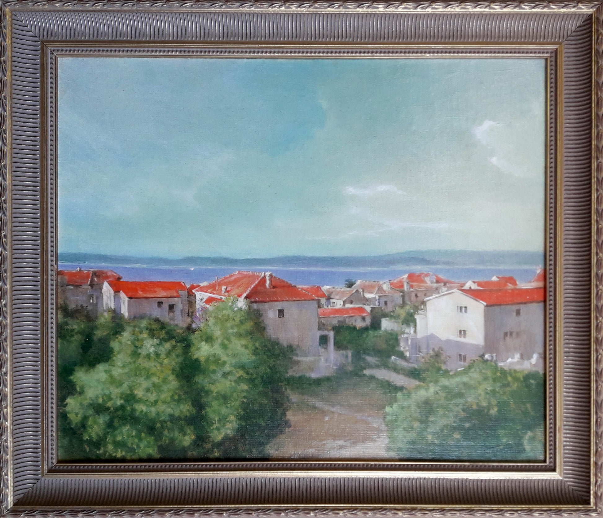 Oil painting Sunny day Korkishko Vasily: coastal village under blue sky