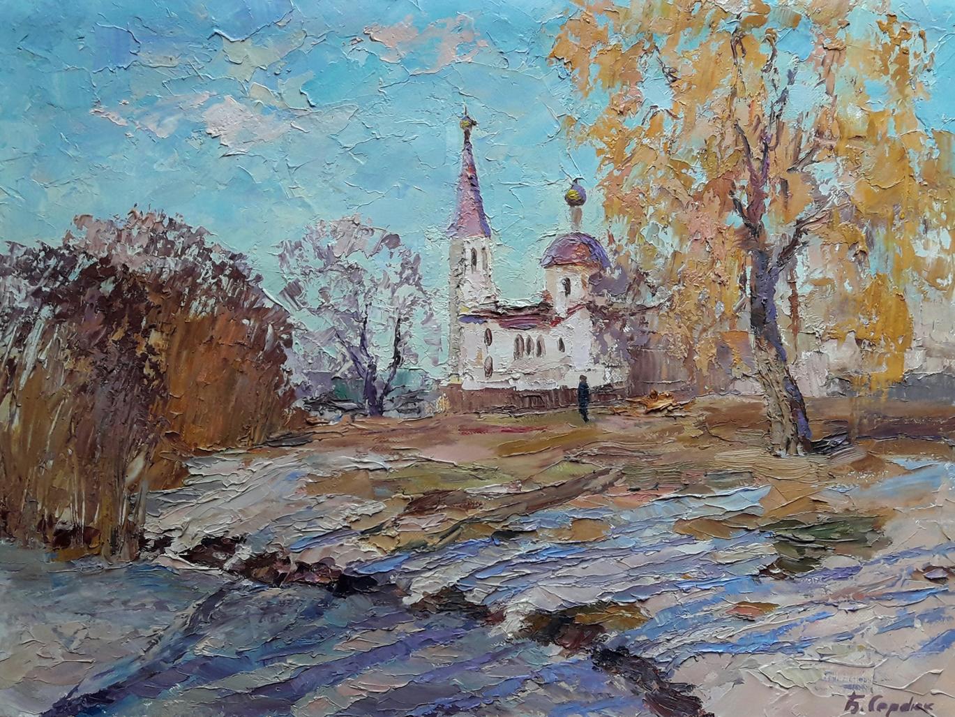 Oil painting Winter landscape with a temple Serdyuk Boris Petrovich