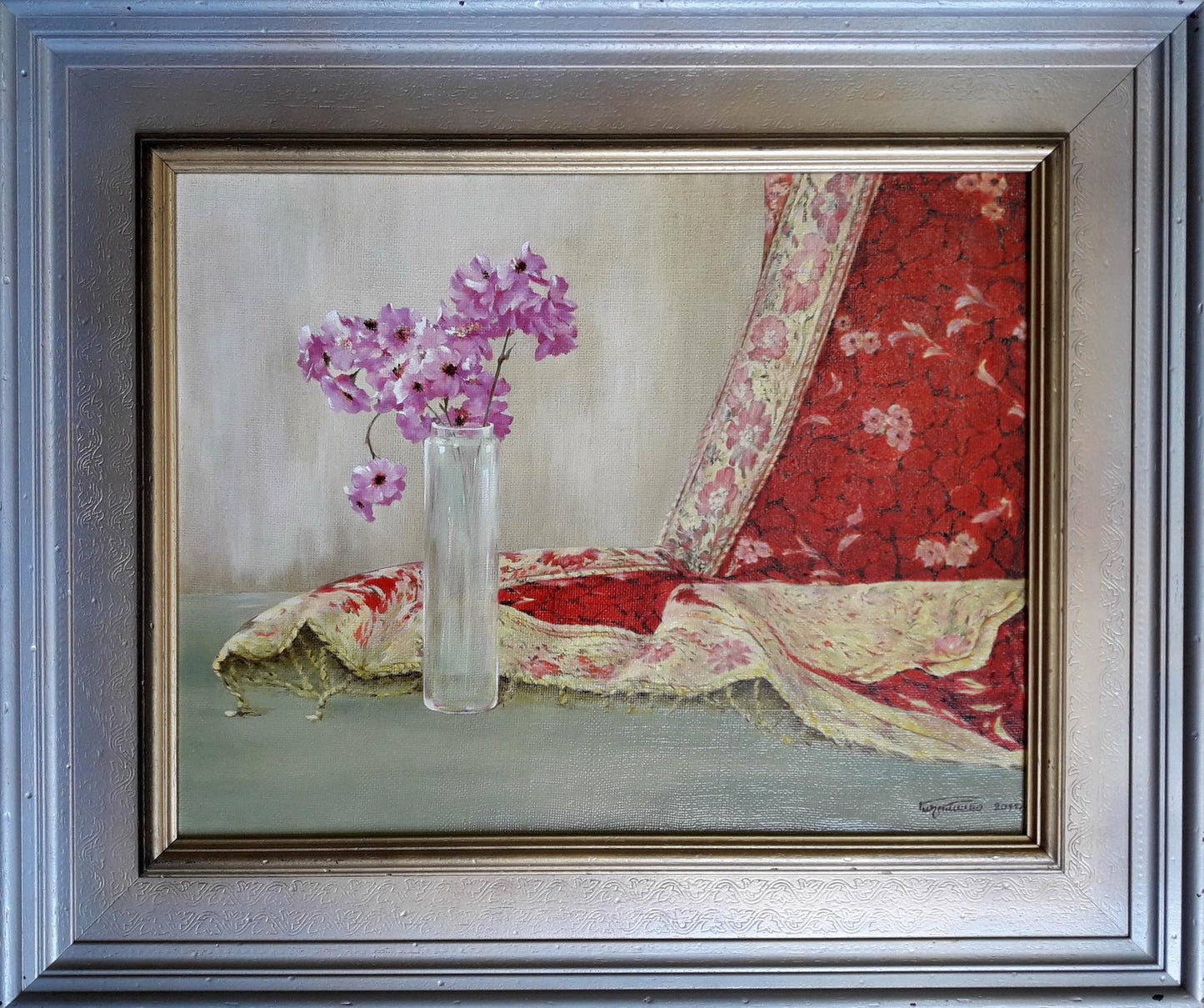 Oil painting of delicate purple sakura blossoms by Korkishko Vasily in clear glass vase