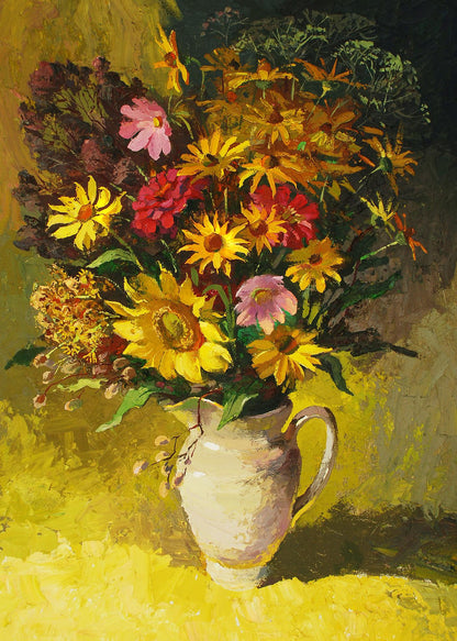 Oil painting of vibrant sunflowers, daisies and pink blossoms in white pitcher by Egor Shvachunov