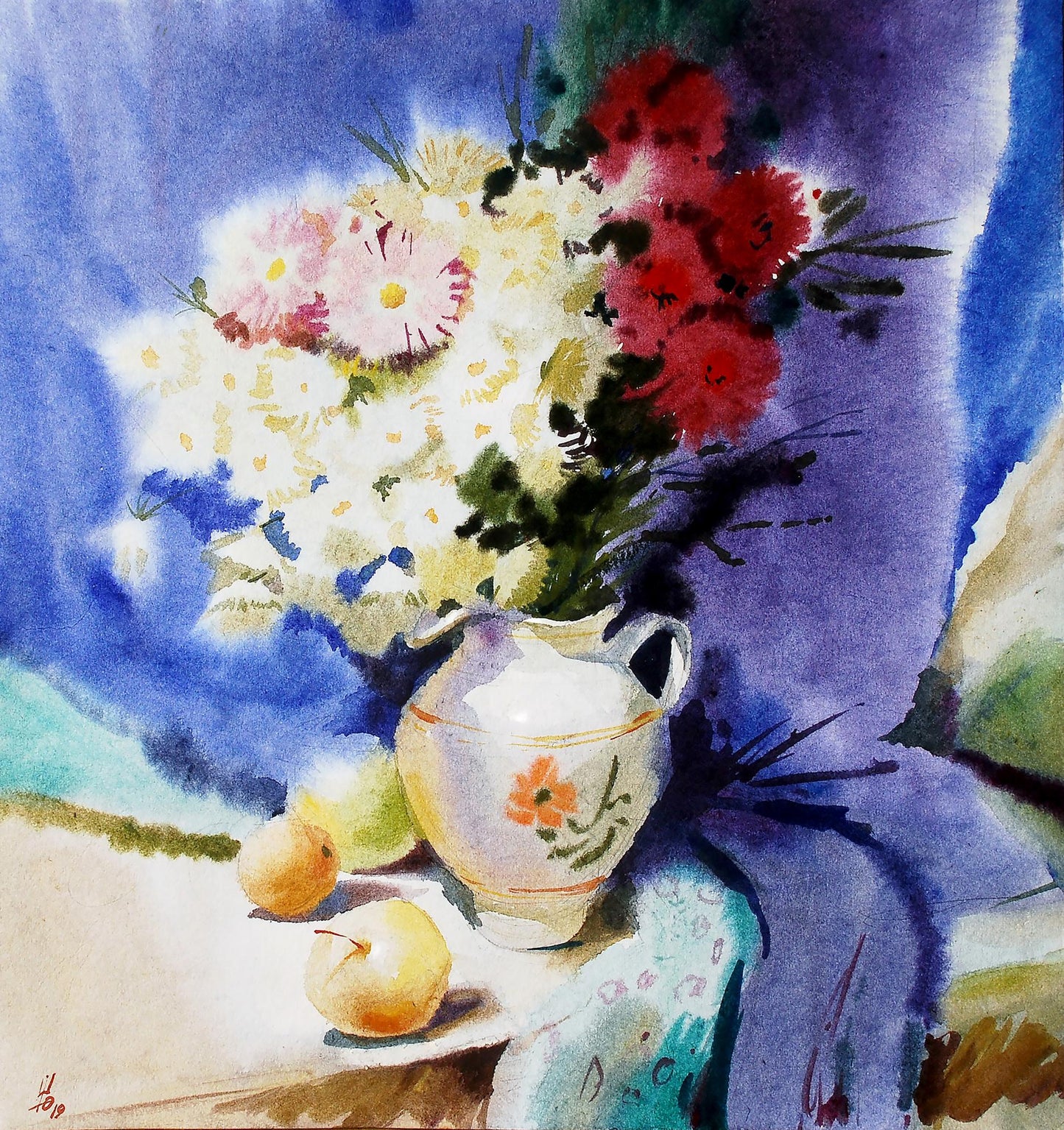 Watercolor chamomiles and apples painting by Egor Shvachunov in white vase