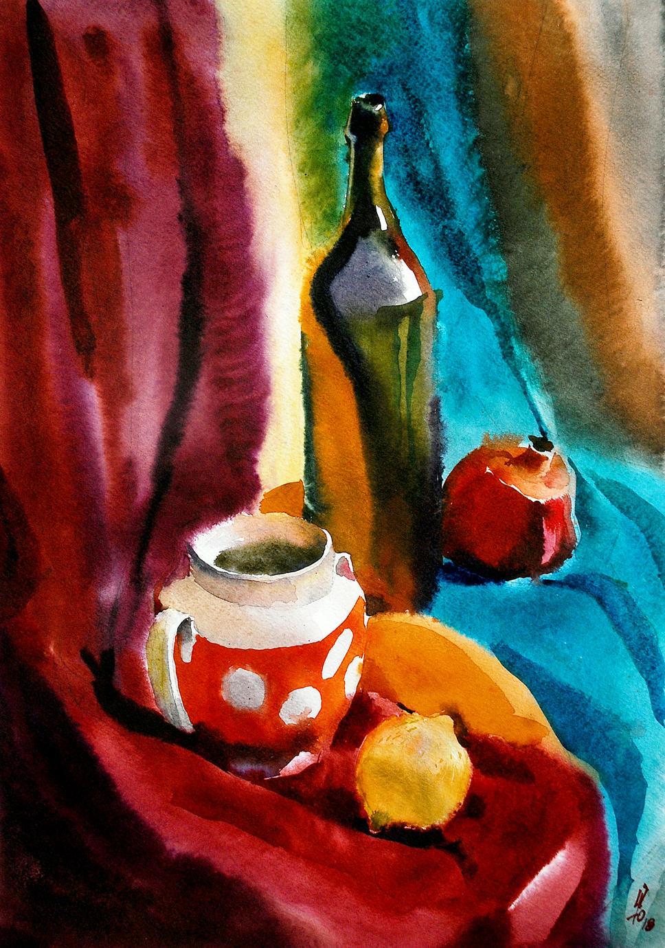 Red polka dot ceramic pitcher in watercolor tea and fruit still life by Egor Shvachunov