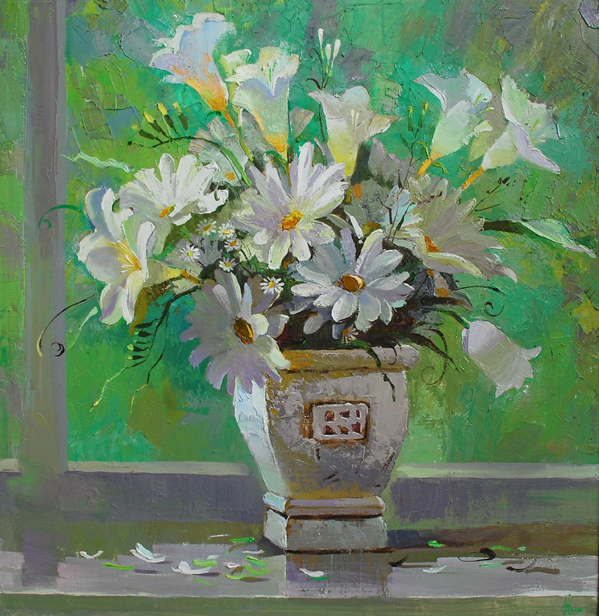 Oil painting by Egor Shvachunov of weathered urn with white lilies and daisies